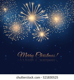 Vector holiday golden fireworks on the blue background. Lights for design  of festive posters and banners for Merry Christmas. File contains clipping mask.