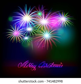 Vector holiday golden fireworks on the dark background. Lights for design of festive posters and banners for Merry Christmas. Vector illustration