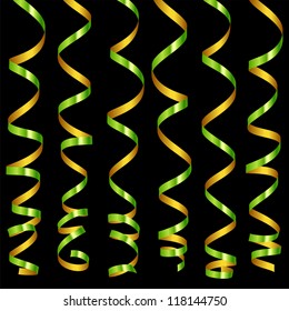 Vector holiday green and gold serpentine ribbons set isolated on black background