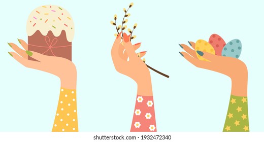 Vector holiday greeting card with Easter elements. Easter eggs, Easter cake and a willow branch. Spring colorful vector illustration. Happy easter concept