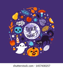 Tarjeta de saludo de feriado vectorial con el símbolo de Halloween: luna llena, gato negro, fantasma, cráneo, linterna de gato, manzana caramelo, maíz dulce, velas.Dulce o trate. Personajes de caricaturas fantasmales. Dulces de Halloween