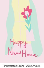 Vector holiday greeting card with hand drawn happy new home in delicate colors. Simple, bright, festive doodle style poster. Designs for prints, stickers, social media, printing, web, invitations