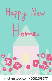 Vektor Ferien Grußkarte mit handgezeichnet glücktes neues Zuhause in zarten Farben. Einfaches, helles, festliches Plakat im Doodle-Stil. Entwürfe für Drucke, Aufkleber, soziale Medien, Druck, Web, Einladungen