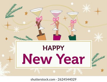 Vector Holiday Greeting Card With Snowflakes, Stars, And Hands Raising Cocktail Glasses, Happy New Year Toast Concept