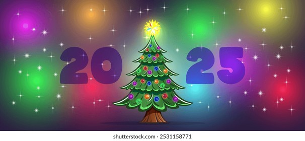 Vector holiday greeting postcard. Cartoon fir tree with toys balls. Bright color glow. Merry Christmas and Happy New Year. Wide banner 2025.