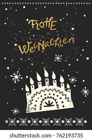 Vector holiday hand-drawn arc-shaped candlestick and golden lettering "Frohe Weinachten" (Merry Christmas, German) on a black background. For rectangular greeting cards.