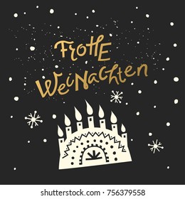 Vector holiday hand-drawn illustration of arc-shaped candlestick and golden lettering "Frohe Weinachten" (Merry Christmas, German) on a black background. For square greeting card.