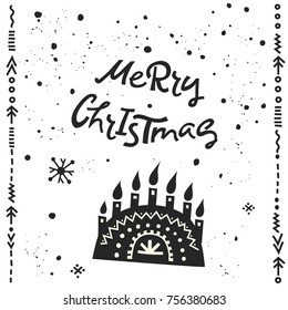 Vector holiday hand-drawn illustration of arc-shaped candlestick and lettering "Merry Christmas" with ethnic decor. For square greeting card.