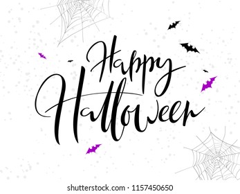 vector holiday happy halloween hand lettering label with bat, spider web and dots.