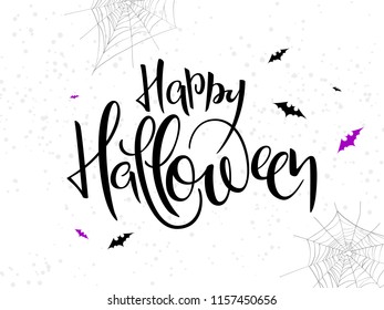 vector holiday happy halloween hand lettering label with bat, spider web and dots.