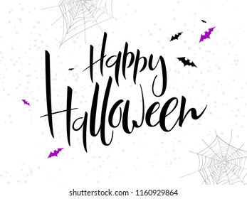vector holiday happy halloween hand lettering label with bat, spider web and dots.
