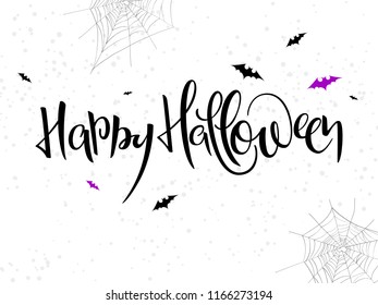 vector holiday happy halloween hand lettering label with bat, spider web and dots.