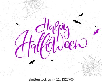 vector holiday happy halloween hand lettering label with bat, spider web and dots.