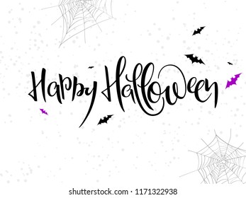 vector holiday happy halloween hand lettering label with bat, spider web and dots.