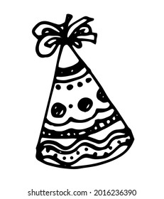 Vector holiday hat. The cone is a festive headdress with a pattern of lines and dots, hand-drawn in the style of doodles. isolated with a black outline on a white background for a children's birthday 
