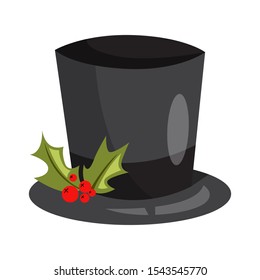 Vector holiday icon of black top hat with mistletoe. Fun xmas party costume, festive symbol.