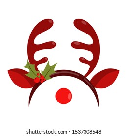 Vector holiday icon of brown reindeer antlers and red nose. Fun xmas party costume, festive symbol.