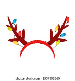 Vector Holiday Icon Of Brown Reindeer Antlers And Christmas Lights. Fun Xmas Party Costume, Festive Symbol.