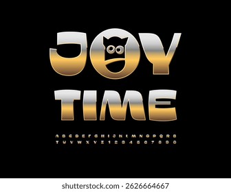 Vector Holiday icon Joy Time with Golden Emblem. Trendy Classy Font. Shiny Digital Alphabet Letters and Numbers.