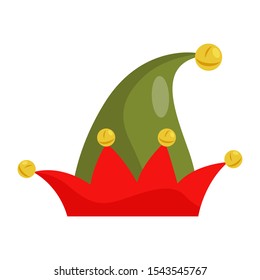 Vector Holiday Icon Of Red And Green Elf Hat With Golden Bells. Fun Xmas Party Costume, Festive Symbol.