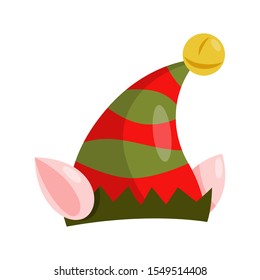 Vector holiday icon of red and green elf hat with golden bells. Fun xmas party costume, festive symbol.