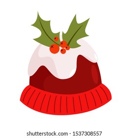 Vector holiday icon of red hat with mistletoe. Fun xmas party costume, festive symbol.