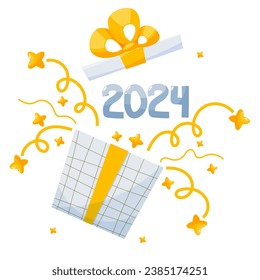 Vector holiday illustration with 2024 logo text design, blue gift box, and shining golden stars, festive fireworks on white background. Typography poster, banner or greeting card for Happy new year.