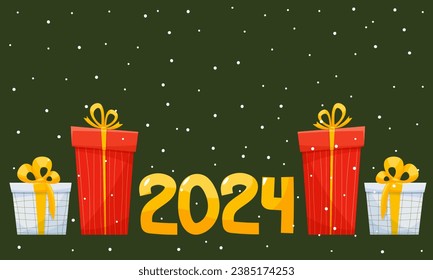 Vector holiday illustration with 2024 number. 2024 logo text design with gift boxes and snowflakes. Design template Celebration typography poster, banner or greeting card for Happy new year. 