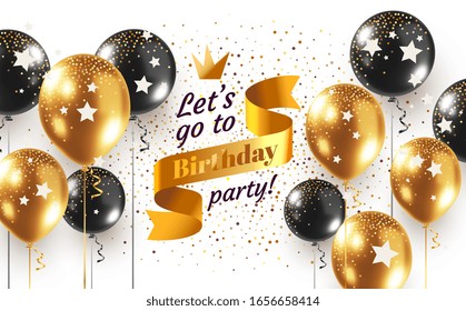 Vector holiday illustration with 3d realistic golden and black air balloon on white background with text and glitter confetti. Happy birthday horizontal design for greeting card, party poster, banner