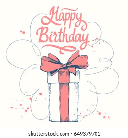 Vector holiday illustration. Birthday present on white background. Handwritten inscription. Lettering design. Beautiful gift box with ribbon. Sketch style.