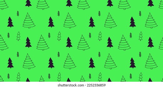 Vector holiday illustration of black line winter tree on green color background. Flat line art style design of christmas seamless pattern with fir tree for web, site, banner, paper print, card