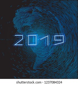 Vector holiday illustration of  blue neon sign 2019. Abstract holiday illustration of glowing blue 2019 sign  and the silhouette of earth globe. Abstract background. Neon sign in space