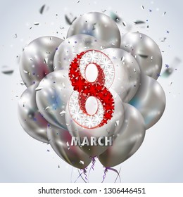 Vector holiday illustration with a bunch of balloons and abstract number eight with white and red flower garland.