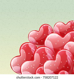 Vector holiday illustration of bunch of red glossy helium balloons,  heart shape.  Happy Valentines Day. Festive decoration. Balloon Hearts. 