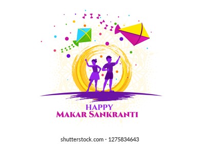 vector holiday illustration. children fly kites for the holiday Makara Sankranti or Sankranti. Hindu harvest festival, celebrated at the winter solstice. graphic design 