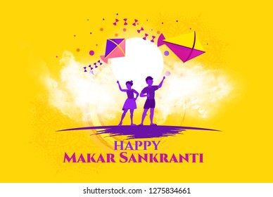 vector holiday illustration. children fly kites for the holiday Makara Sankranti or Sankranti. Hindu harvest festival, celebrated at the winter solstice. graphic design yellow background