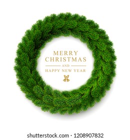 Vector holiday illustration for Christmas and New Year. Round garland, christmas wreath  of fir branches, isolated on a white background. Template for banner, festive card.