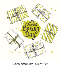 Vector holiday illustration. Christmas present on white background. Handwritten inscription. Lettering design. Beautiful gift box with ribbon. Sketch style. Boxing day.