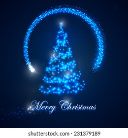 vector holiday illustration of  Christmas tree. shiny lights sparkles, and flying magic star. Merry Christmas