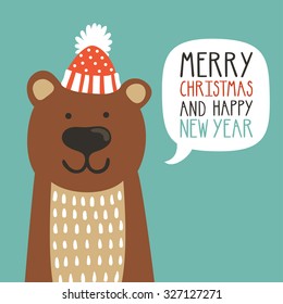 Vector holiday illustration of a cute bear in a hat saying "Merry Christmas and happy New Year". Christmas background with smiling cartoon character. Winter greeting card.