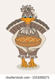 Vector holiday illustration of cute cheerful turkey with cake
