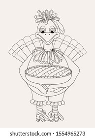 Vector holiday illustration of cute cheerful turkey with cake