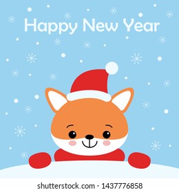 Vector holiday illustration of a cute fox in a hat. Merry Christmas and happy New Year . Christmas background with smiling cartoon character.