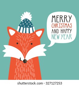 Vector holiday illustration of a cute fox in a hat saying "Merry Christmas and happy New Year". Christmas background with smiling cartoon character. Winter greeting card.