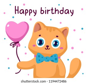 Vector holiday illustration of cute ginger cat with bow tie and heart shape balloon on white background with confetti and text happy birthday. Hand drawn flat style design for web, site, greeting card