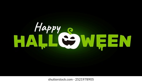 Vector holiday illustration of cute glow pumpkin character with happy halloween word on black color background. Flat style design of halloween logo with scary smile carved pumpkin monster for banner