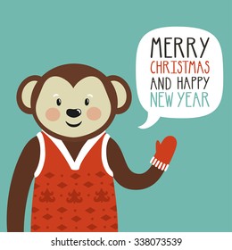 Vector holiday illustration of a cute monkey in a red sweater saying "Merry Christmas and happy New Year". Christmas background with smiling cartoon character. Winter greeting card.
