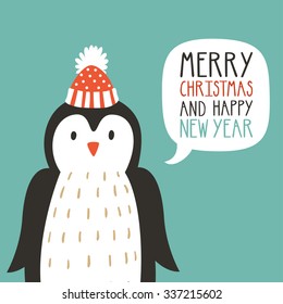 Vector holiday illustration of a cute penguin in a hat saying "Merry Christmas and happy New Year". Christmas background with smiling cartoon character. Winter greeting card.