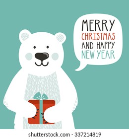 Vector holiday illustration of a cute polar bear with gift box saying "Merry Christmas and happy New Year". Christmas background with smiling cartoon character. Winter greeting card.