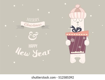 Vector holiday illustration of a cute polar bear with gift box. Winter seasonal greeting card.